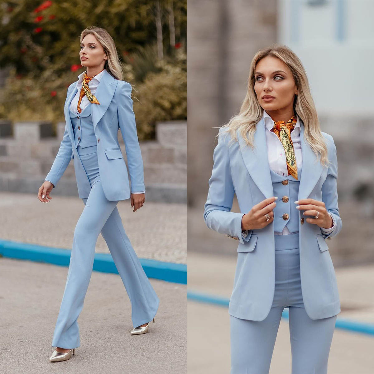 Women Formal Party Wear Dress - ชุดสูทผู้หญิงสีฟ้าอ่อน ปกแหลม ทรงเข้ารูป สำหรับงานปาร์ตี้ งานพรอม เสื้อแจ็คเก็ตโค้ท