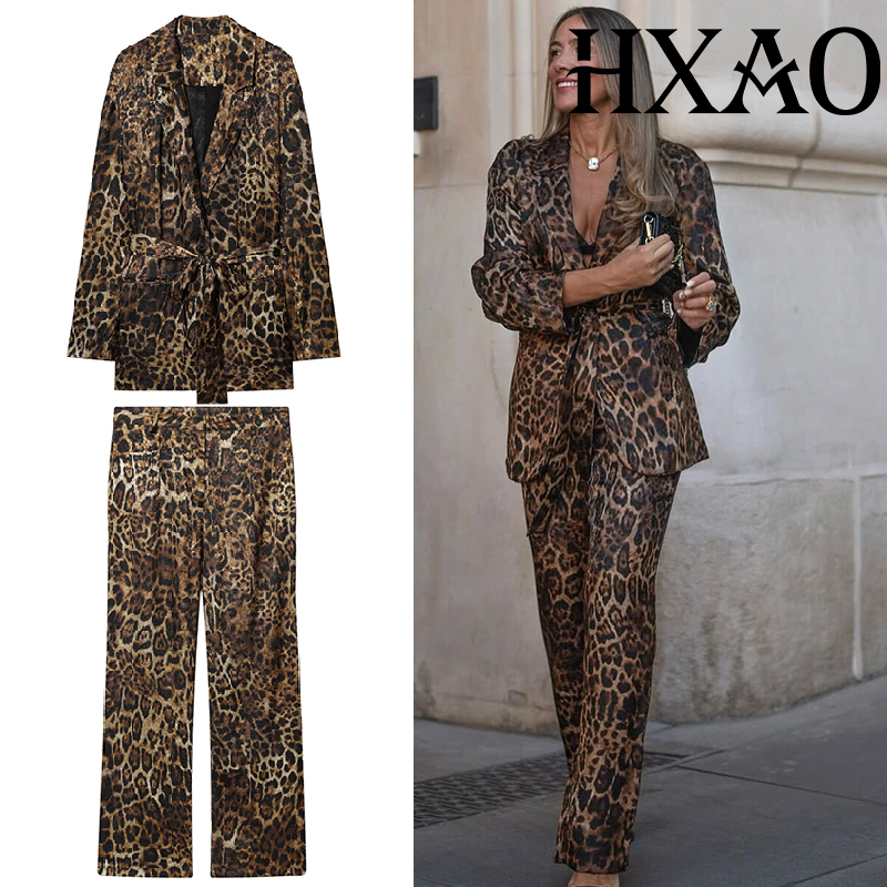 Women'S Formal Wear Pants - ชุดเซ็ตเสื้อผ้าลายเสือดาว HXAO ชุดเซ็ต 2 ชิ้น เสื้อเบลเซอร์ยาวสไตล์วินเทจ