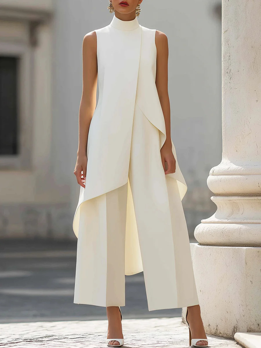 Women'S Formal Wear Pants - ชุดเซ็ตสองชิ้นสำหรับผู้หญิง: เสื้อกั๊กยาวคอตั้งแบบไม่มีแขนและกางเกงขายาวทรงกว้าง สไตล์หรูหรา เหมาะสำหรับธุรกิจ งานทางการ และการเดินทางไปทำงาน