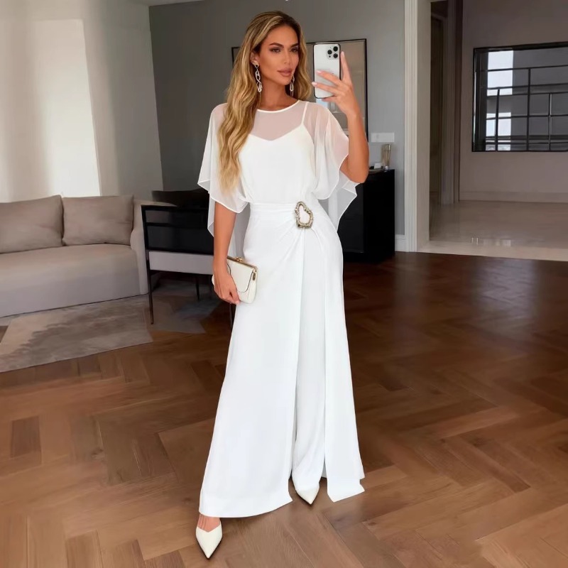 Women'S Formal Wear Wedding - จั๊มสูทชีฟองสีขาวสำหรับผู้หญิงปี 2026 ชุดราตรีหรูหราสำหรับงานเลี้ยงตอนเย็น แขนตาข่ายทรงกว้าง ชุดเดรสสำหรับงานพรอม งานแต่งงาน