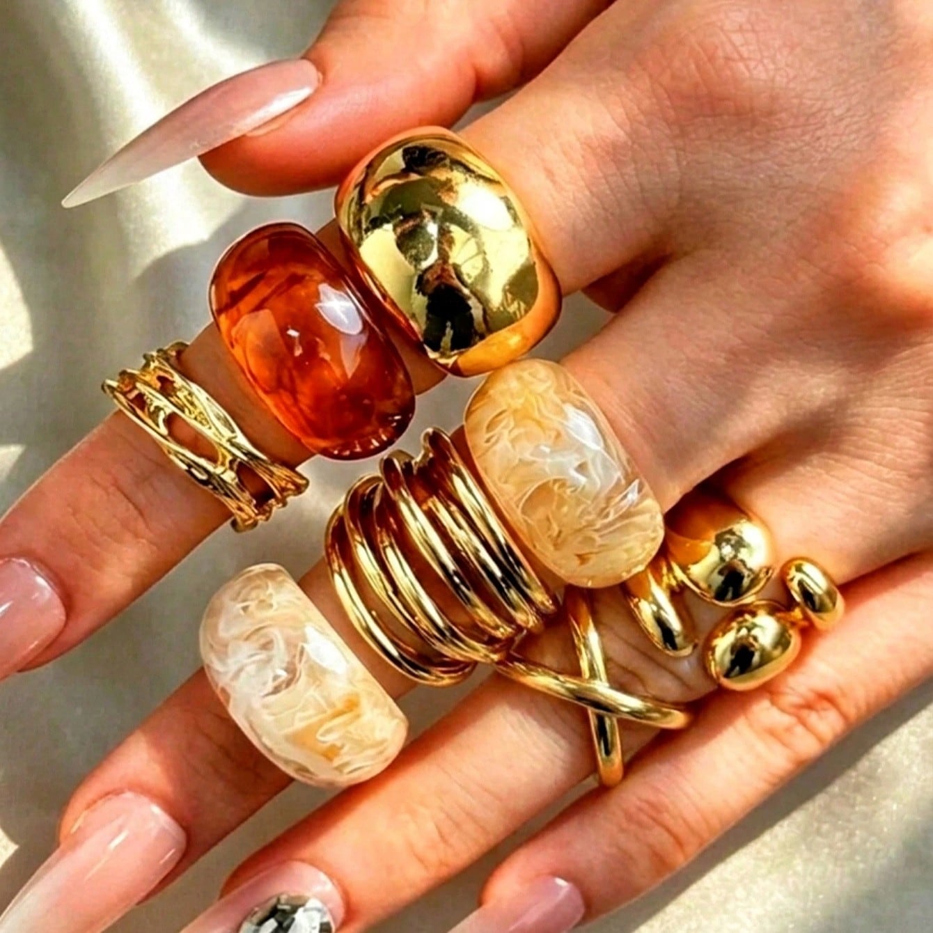 Formal Wear Jewelry For Women - ชุดแหวนเรซินทรงเรขาคณิตสไตล์เรโทรหรูหรา 8 ชิ้น เครื่องประดับผู้หญิง แหวนสีทอง สำหรับสวมใส่ในชีวิตประจำวัน