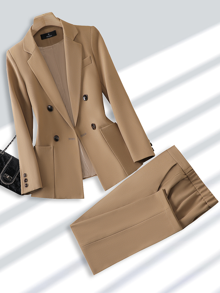 Women Formal Wear Blazer Set - ชุดสูททำงานแฟชั่นสำหรับผู้หญิงชุด2ชิ้นพร้อมกระเป๋าชุดสูททำงานธุรกิจสำนักงานและกางเกงสีเบจสีดำสีกากี