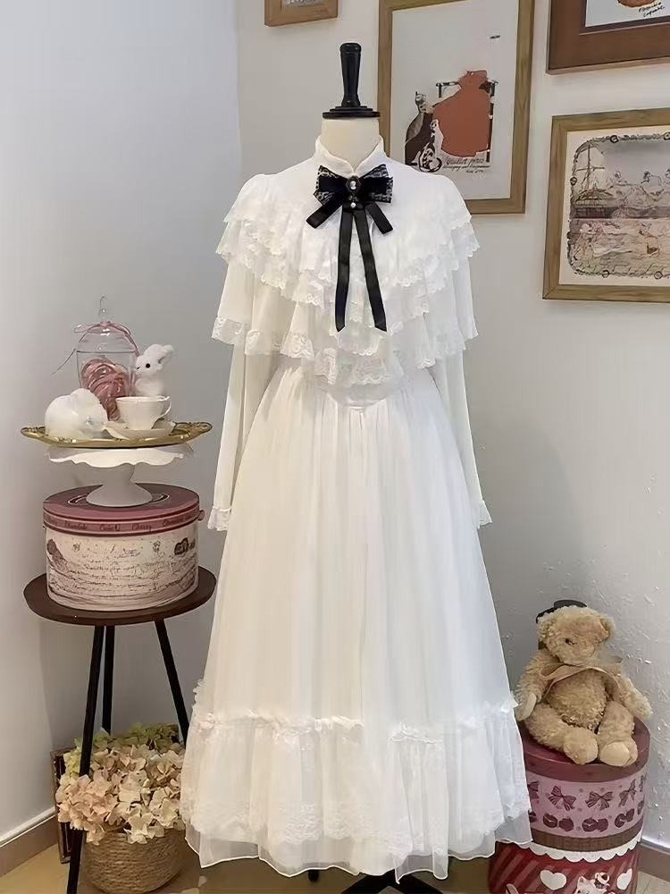 Woman Formal Wear - ชุดเดรสลูกไม้แขนสั้นสไตล์ญี่ปุ่น สีขาว กระโปรงยาวทรงเข้ารูป สไตล์หวานๆ ประจำปี 2025
