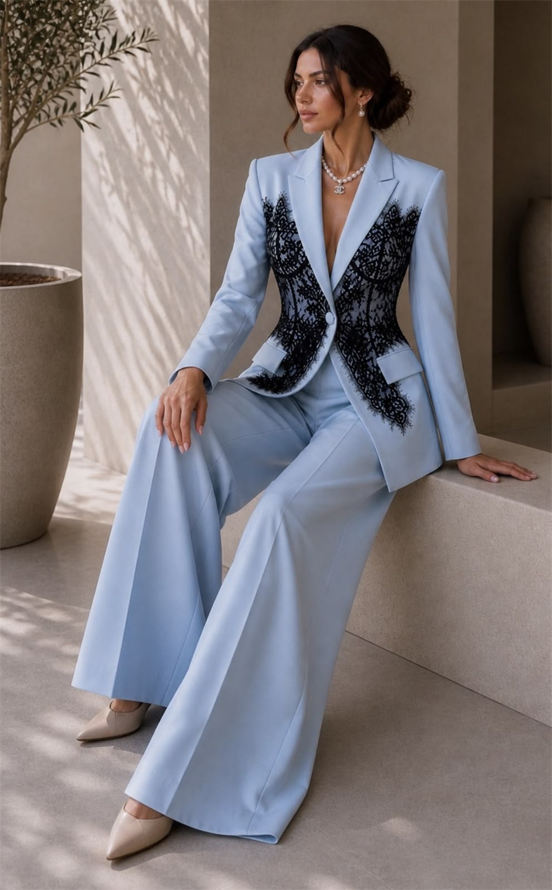 Women Formal Wear Blazer Set - แฟชั่นชุดสูทผู้หญิงสีฟ้าชุด 2 ชิ้นเสื้อ + กางเกงกางเกงลูกไม้อย่างเป็นทางการที่กำหนดเองสำนักงานเลดี้แจ็คเก็ตผ้าฝ้ายงานแต่งงานเสื้อโค้ท
