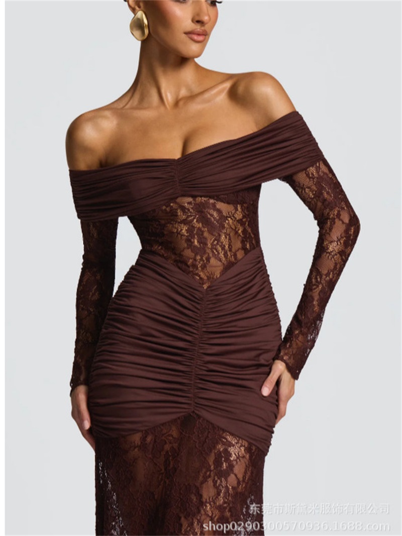 Women Formal Party Wear Dress - เซ็กซี่ลูกไม้ Mermaid ผู้หญิงชุดราตรีเซ็กซี่ปิดไหล่แขนยาวชุดพรรคยาว Robe Casual Beach