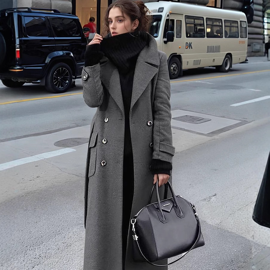Tailored Coat Wool - เสื้อโค้ทขนสัตว์ทรงยาวแบบกระดุมสองแถว คอปกสูท สไตล์ลำลอง สำหรับผู้หญิง เหมาะกับฤดูใบไม้ร่วงและฤดูหนาว