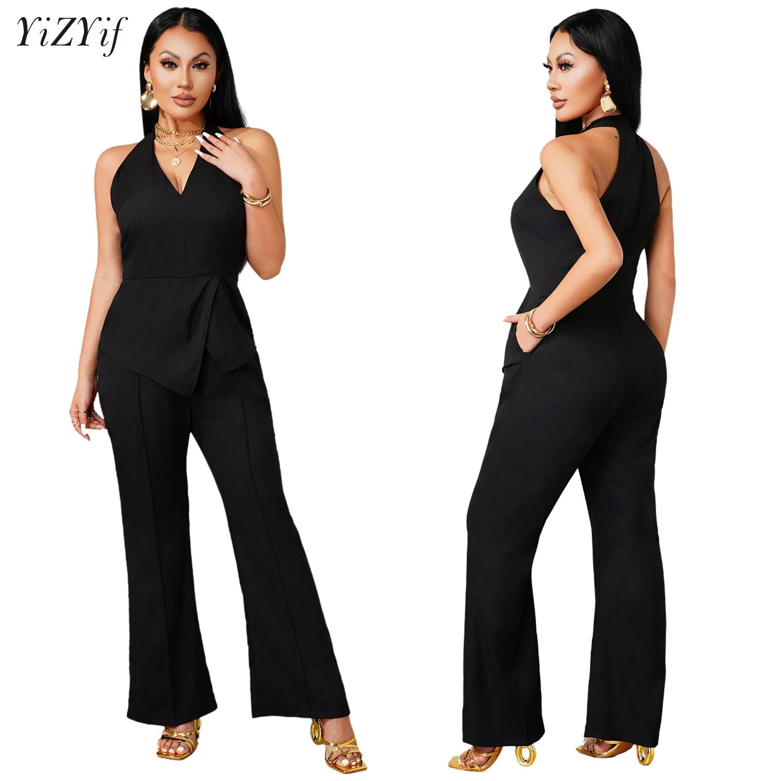 Women'S Formal Wear Pants - จั๊มสูทคอวีแขนกุดพร้อมดีไซน์ผ้าคลุมแบบไม่สมมาตร ขากว้างทรงคูลอตต์ ชุดบอดี้สูทแบบเลเยอร์ ชุดราตรีหรูหราสำหรับผู้หญิง