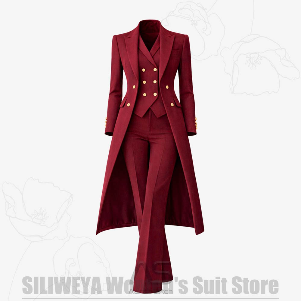 Women'S Formal Wear Wedding - ชุดสูทผู้หญิง 3 ชิ้น แบบกระดุมสองแถว เสื้อโค้ทยาว เสื้อกั๊ก
