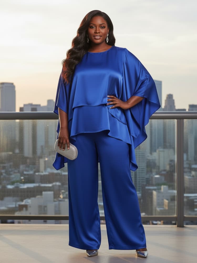 Women'S Formal Wear Pants - เสื้อคอวีแขนยาวทรงเคปไซส์ใหญ่ + ชุดกางเกงขายาวทรงกว้างสำหรับผู้หญิง ชุดสองชิ้นสำหรับงานเลี้ยงหรืองานปาร์ตี้ยามเย็น