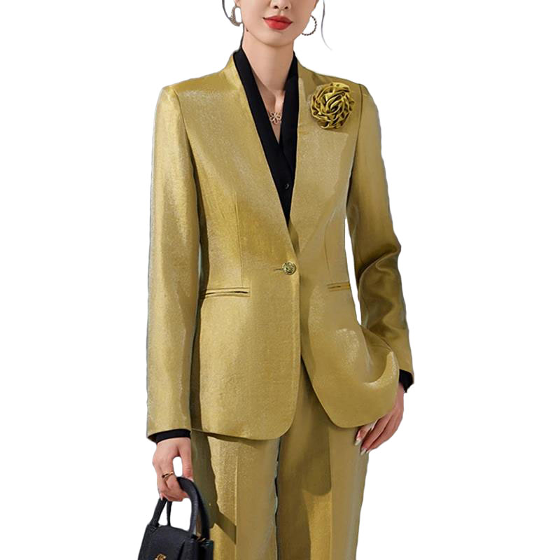 Women Formal Wear Blazer Set - ผู้หญิงBlazerกางเกงชุดทองAppliques 2 ชิ้น 2024 ฤดูใบไม้ร่วงทํางานกางเกงอย่างเป็นทางการสีทึบเสื้อแขนยาวPantsuit