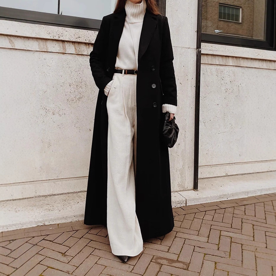 Tailored Coat Wool - เสื้อโค้ทขนสัตว์ผสมแบบยาวสำหรับผู้หญิง กระดุมสองแถว ปกแบบโน้ตเชด ทรงโอเวอร์ไซส์ สำหรับฤดูหนาว เหมาะสำหรับใส่ทำงานหรือลำลอง
