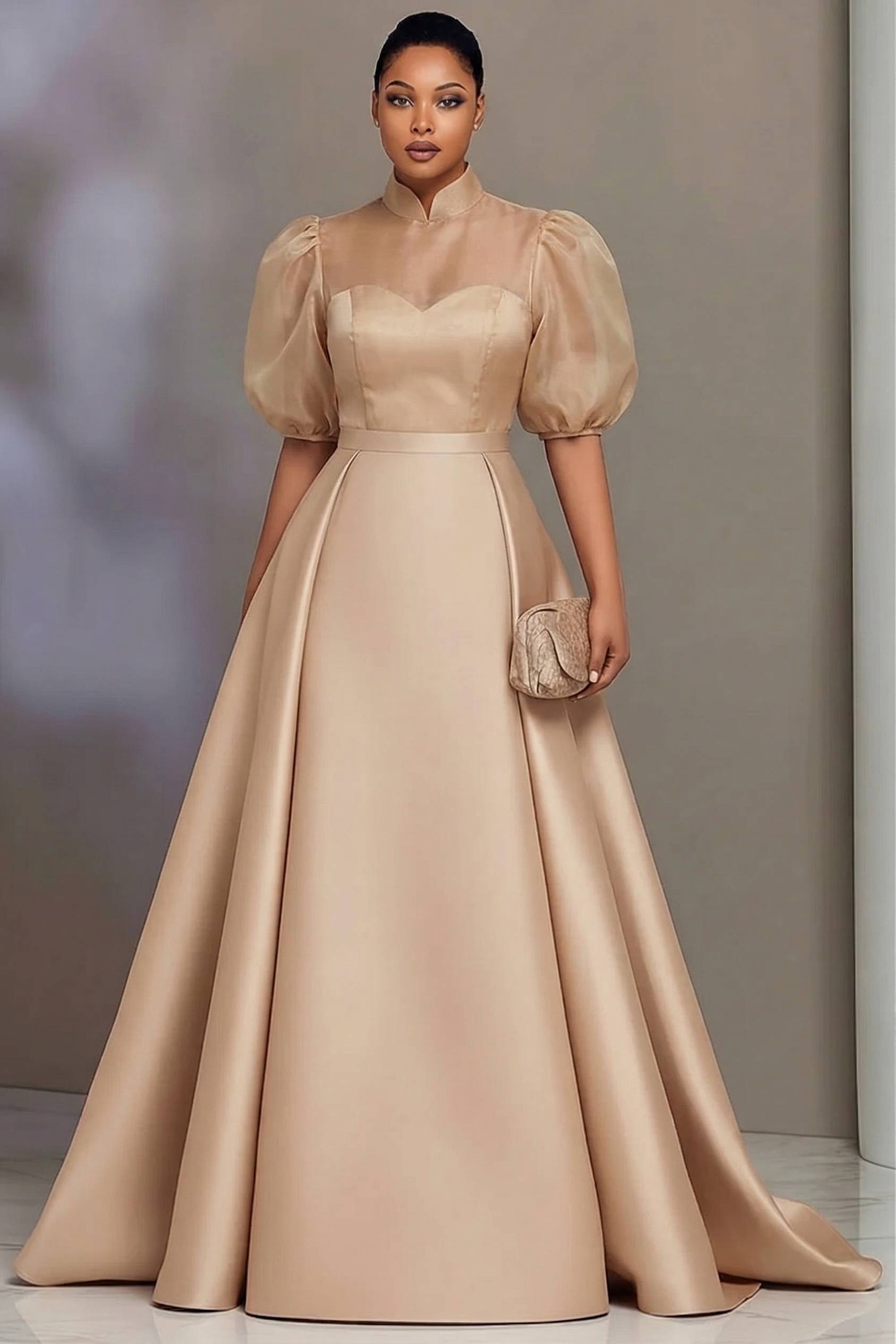 Women'S Formal Wear Wedding - ชุดราตรีผ้าซาตินหรูหราสำหรับผู้หญิงไซส์ใหญ่ คอตั้ง ทรงเอไลน์ ยาวแบบแม็กซี่ เหมาะสำหรับงานพรอม งานแต่งงาน