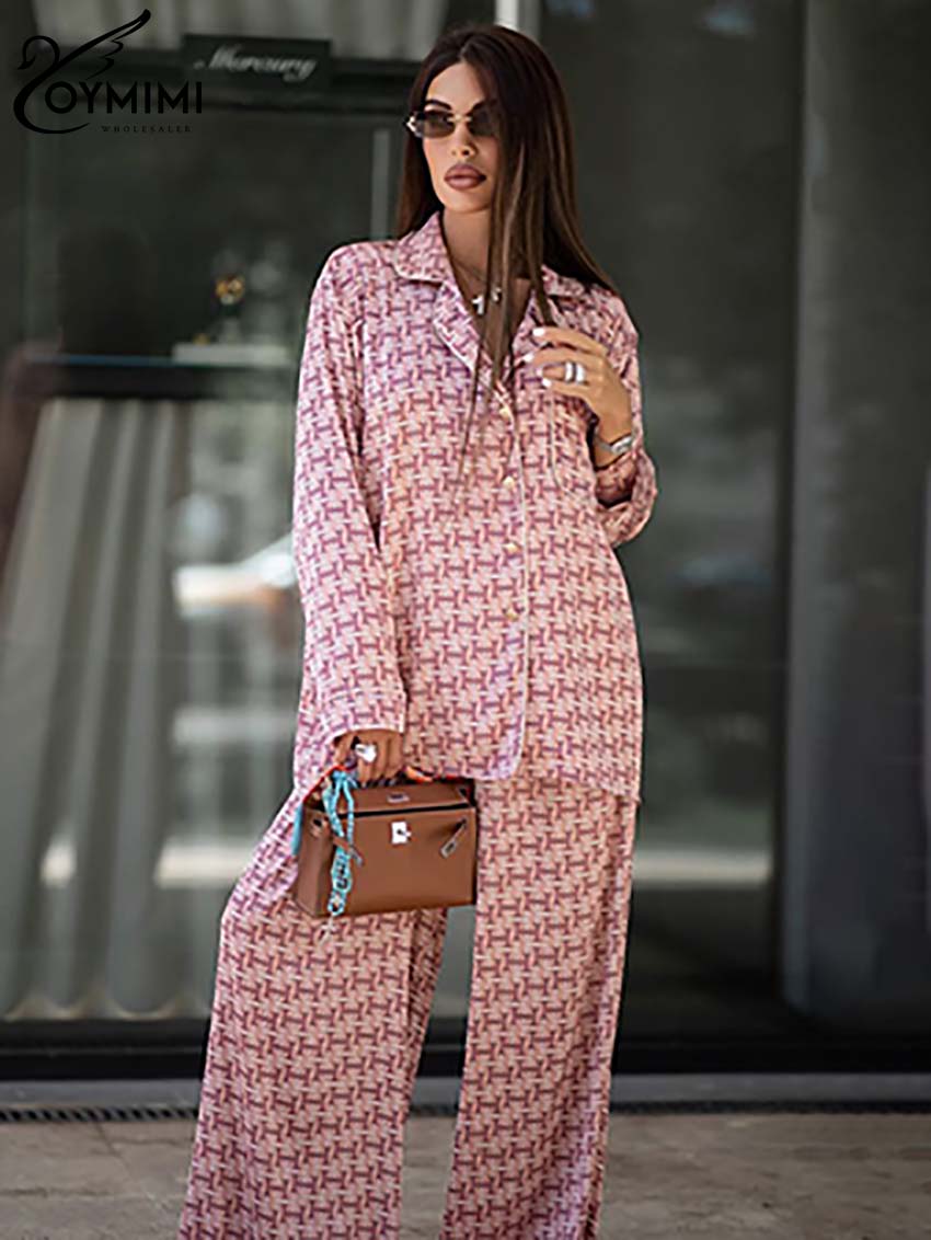 Women'S Formal Wear Suits - Oymimi แฟชั่นสีชมพูพิมพ์ผู้หญิง 2 ชิ้นชุดชุดแขนยาวกระเป๋าปุ่มเสื้อ + เอวสูงตรงกางเกงชุด