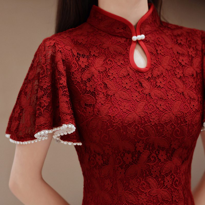 Women'S Formal Wear Wedding - ชุดกี่เพ้าสีแดงลูกไม้สไตล์จีนสำหรับผู้หญิงชุดเดรสชุดราตรียาวสไตล์จีน