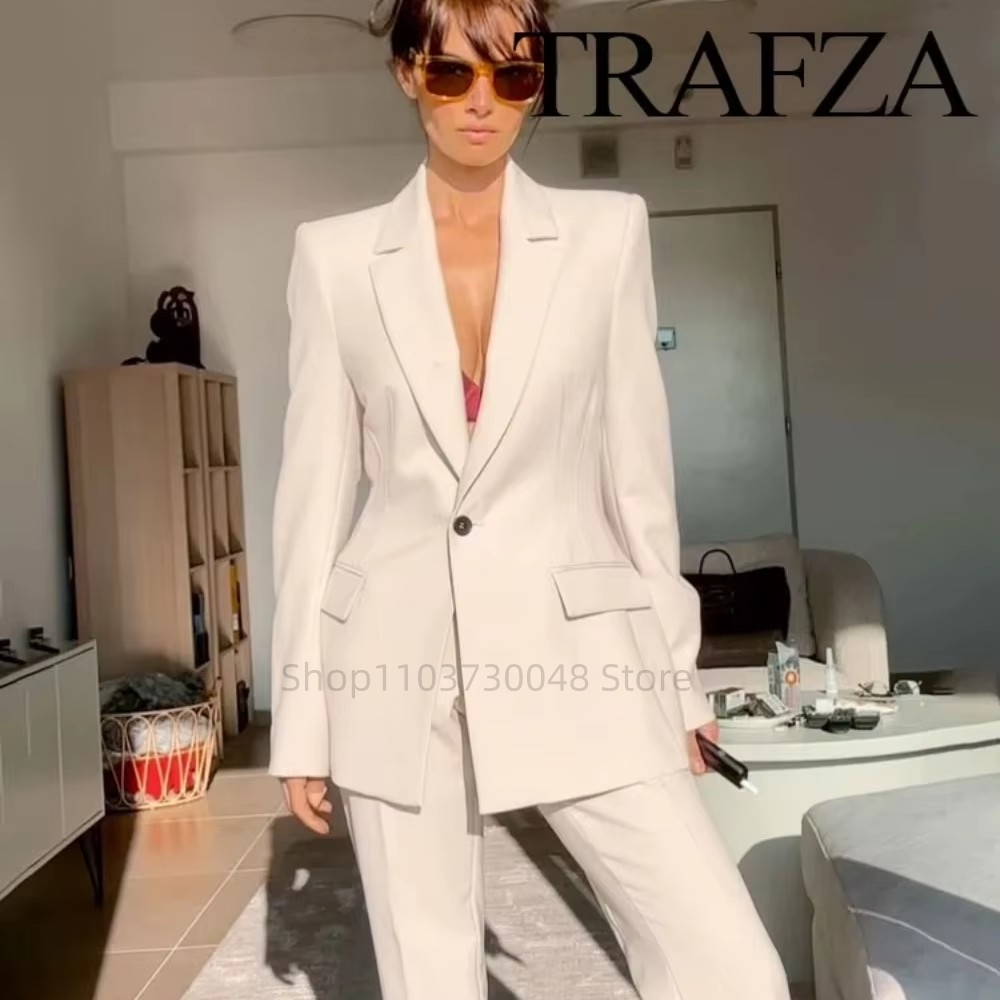 Woman Formal Wear - แฟชั่นชุดสูทสตรีสำหรับออฟฟิศ เสื้อเบลเซอร์และกางเกงขายาว สีขาว/แดง ชุดทำงานสำหรับผู้หญิง ชุดทำงาน 2
